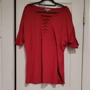Democracy Red Lace-Up Short Sleeve Tee with Trimmed Sleeves